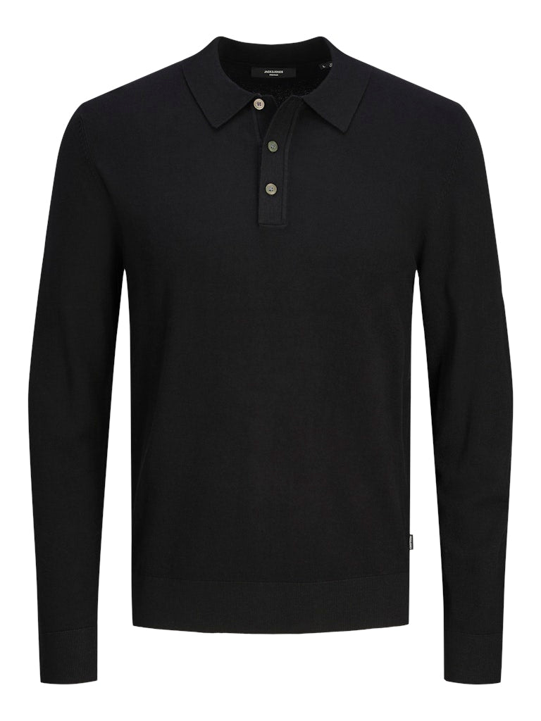 Men's William Knit Long Sleeve Polo-Black Onyx-Ghost Front View