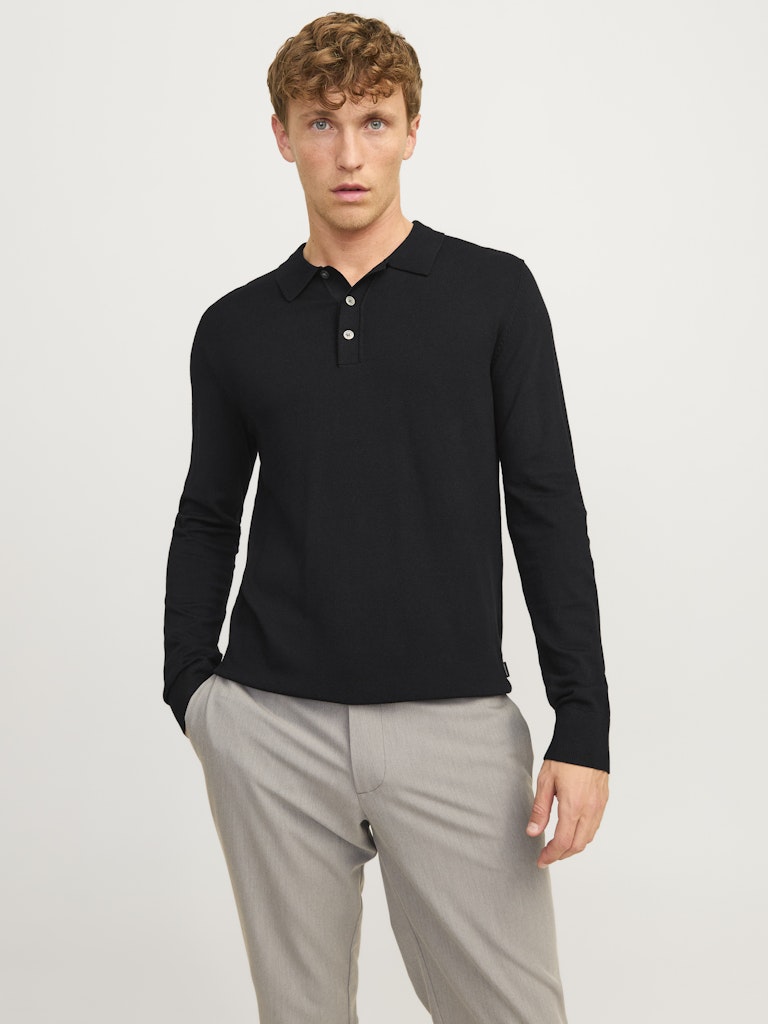 Men's William Knit Long Sleeve Polo-Black Onyx-Model Front View