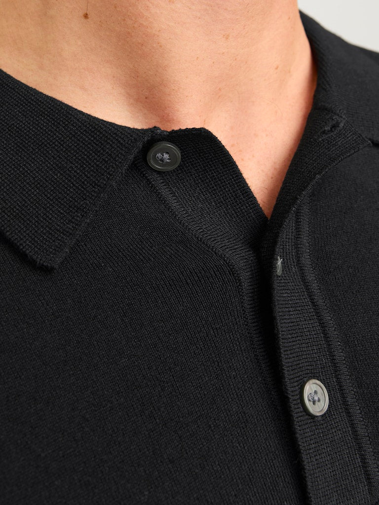 Men's William Knit Long Sleeve Polo-Black Onyx-Collar View