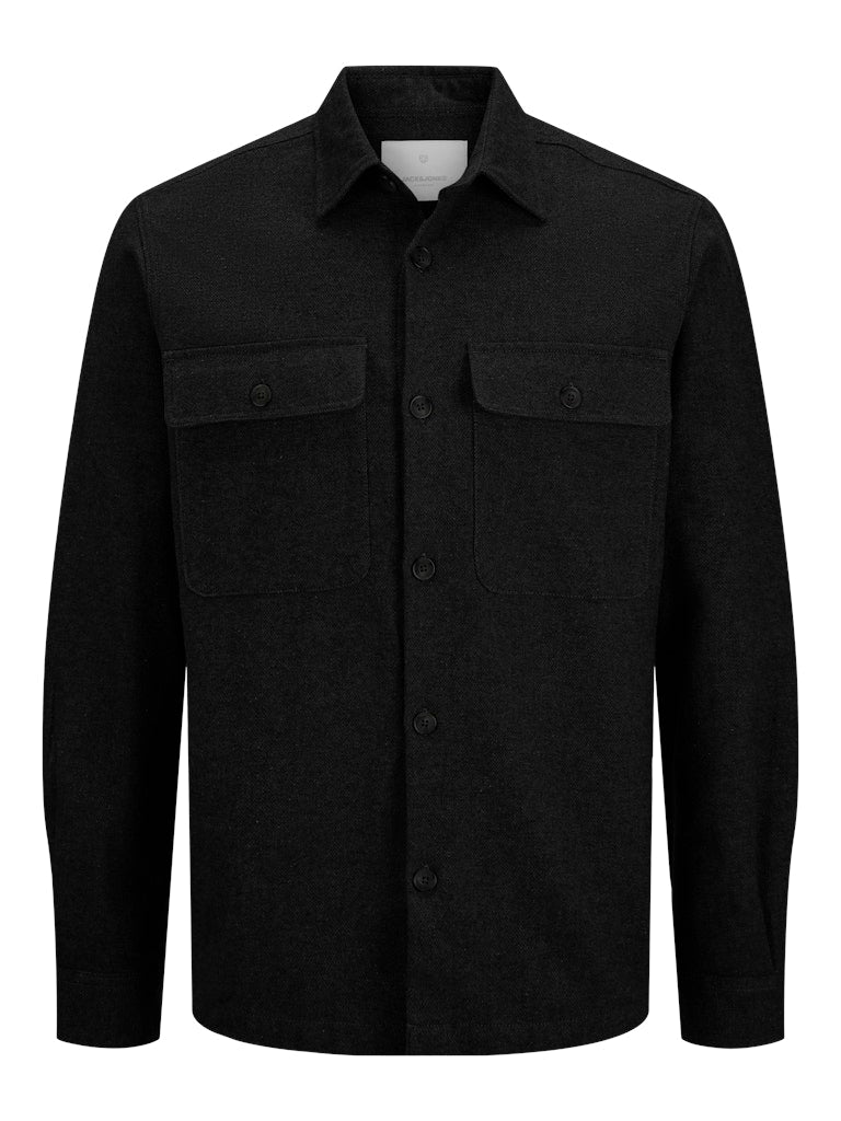 Men's Raymond Melange Solid Long Sleeve Overshirt-Black Beauty-Ghost Front View