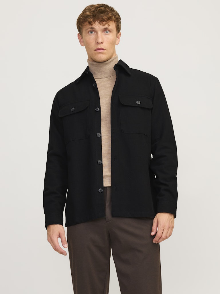 JACK JONES PREMIUM Raymond Melange Solid Long Sleeve Overshirt-Black Beauty Black Beauty front view