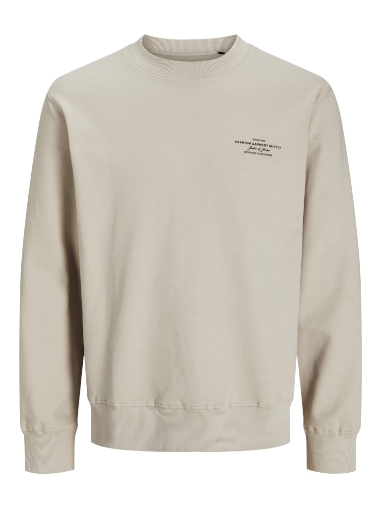Beige sweatshirt with text on a white background