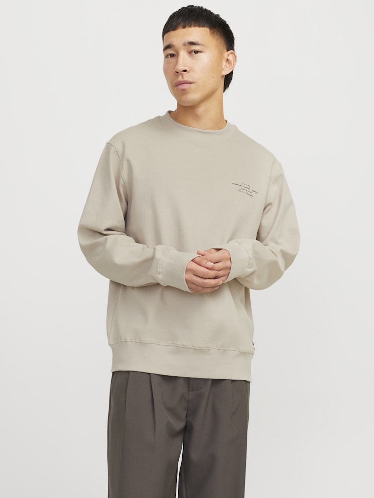 Person wearing a beige sweatshirt with a small logo on a white background