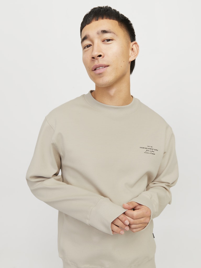 Man wearing a beige sweatshirt on a white background