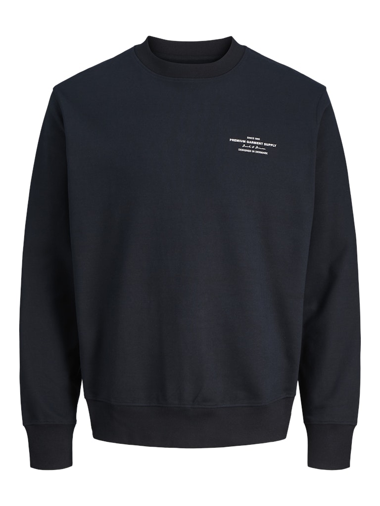Black sweatshirt with a small white logo on a white background