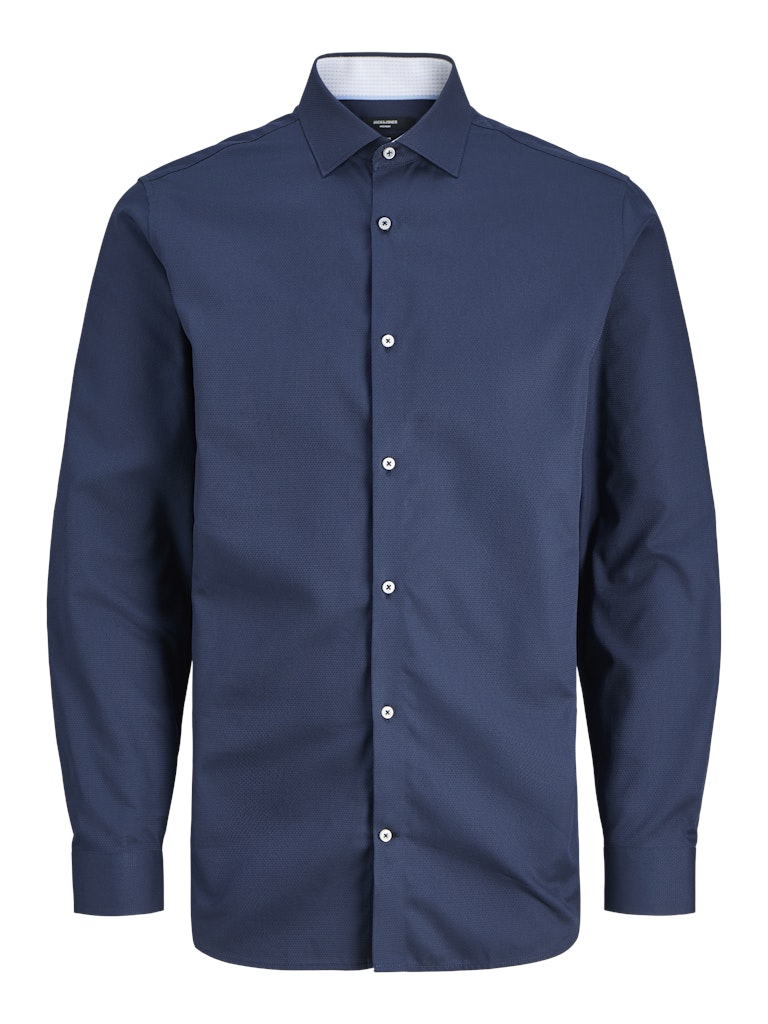 Navy blue shirt with white collar on a white background