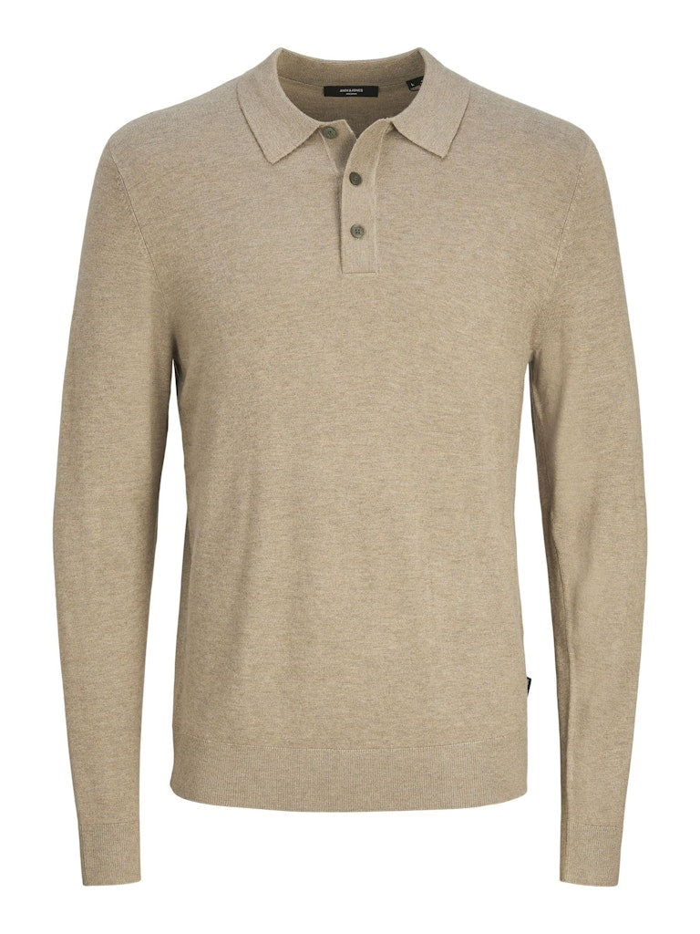 Men's William Knit Long Sleeve Polo-Greige-Front View