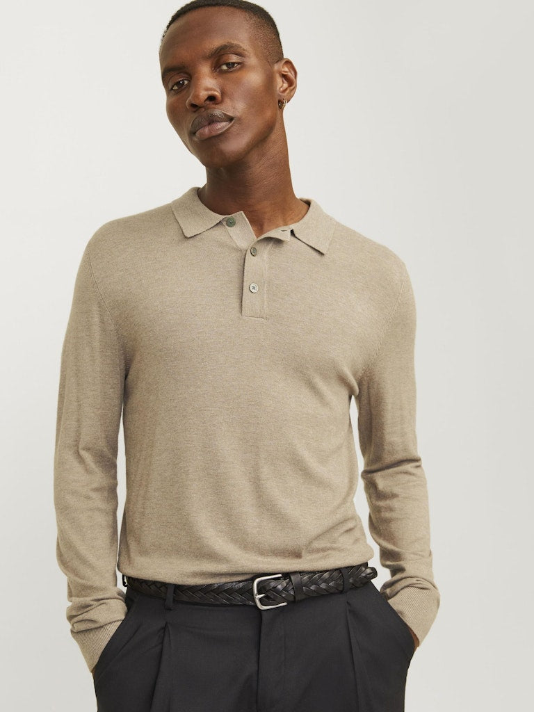 Men's William Knit Long Sleeve Polo-Greige-Model Front View