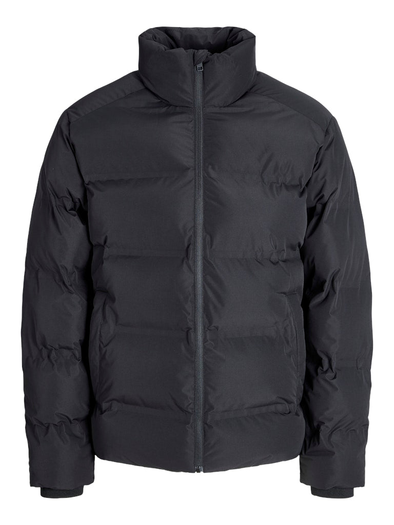 Black puffer jacket on a white background