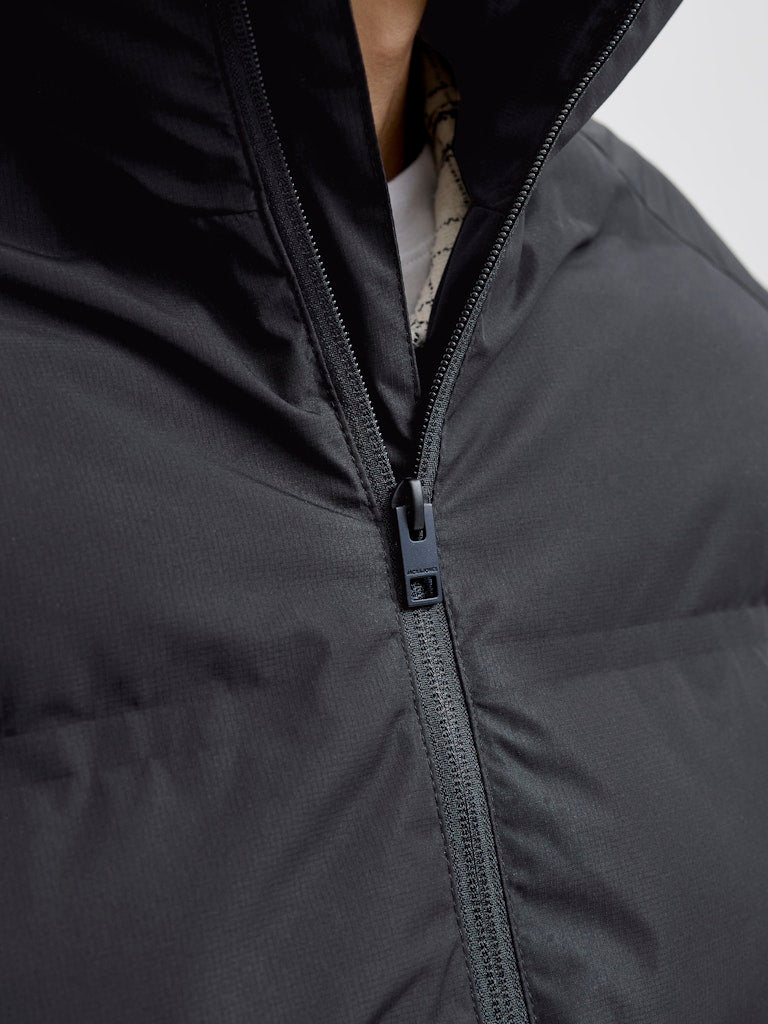 Close-up of a black jacket with a zipper