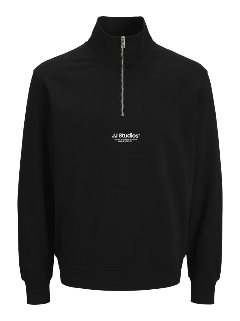 Black half-zip sweatshirt with 'JJ Studios' logo on a white background