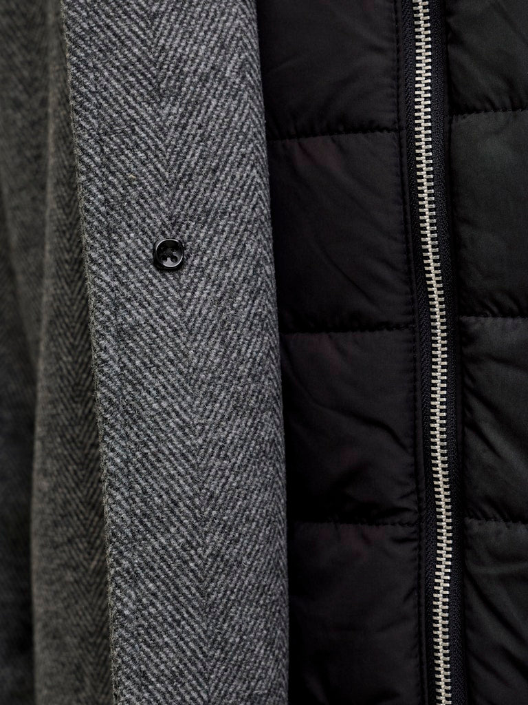 Man wearing a grey coat fabric close up