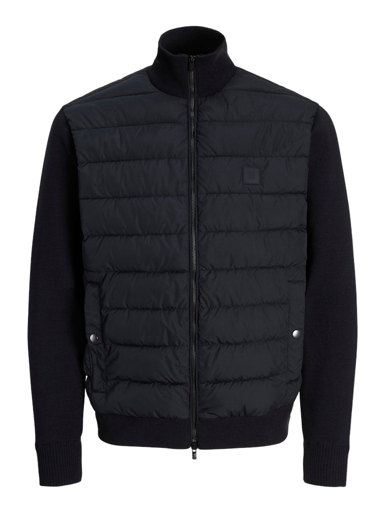 Navy puffer jacket on a light gray background-Front view