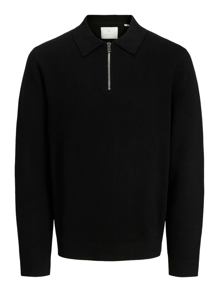 Black  polo sweater with a zipper on a white background