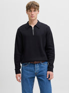 JACK JONES PREMIUM Milano Stitch Knit Zip Polo-Night Sky Night Sky front view