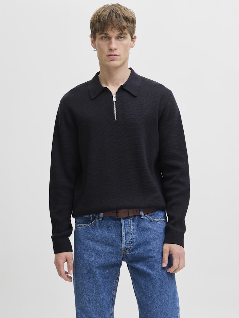 JACK JONES PREMIUM Milano Stitch Knit Zip Polo-Night Sky Night Sky front view