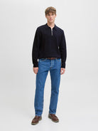 JACK JONES PREMIUM Milano Stitch Knit Zip Polo-Night Sky Night Sky model front view