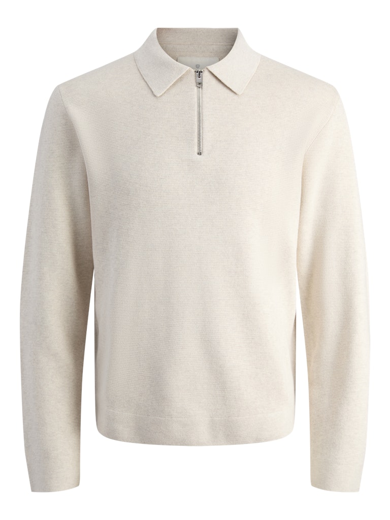 Beige long-sleeve shirt with a collar and zipper on a white background