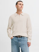 JACK JONES PREMIUM Milano Stitch Knit Zip Polo-Cloud Dancer Cloud Dancer front view