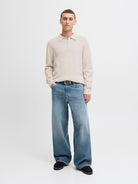 JACK JONES PREMIUM Milano Stitch Knit Zip Polo-Cloud Dancer Cloud Dancer model front view