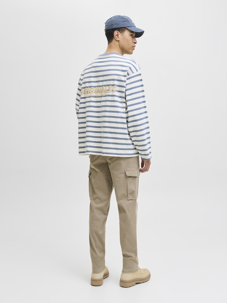 Person wearing a striped long-sleeve shirt and beige pants on a white background