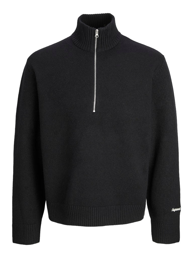 Black half-zip sweater on a white background