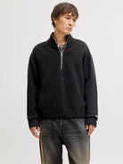 JACK JONES ORIGINALS Norrebro Knit Half Zip-Black Black front view