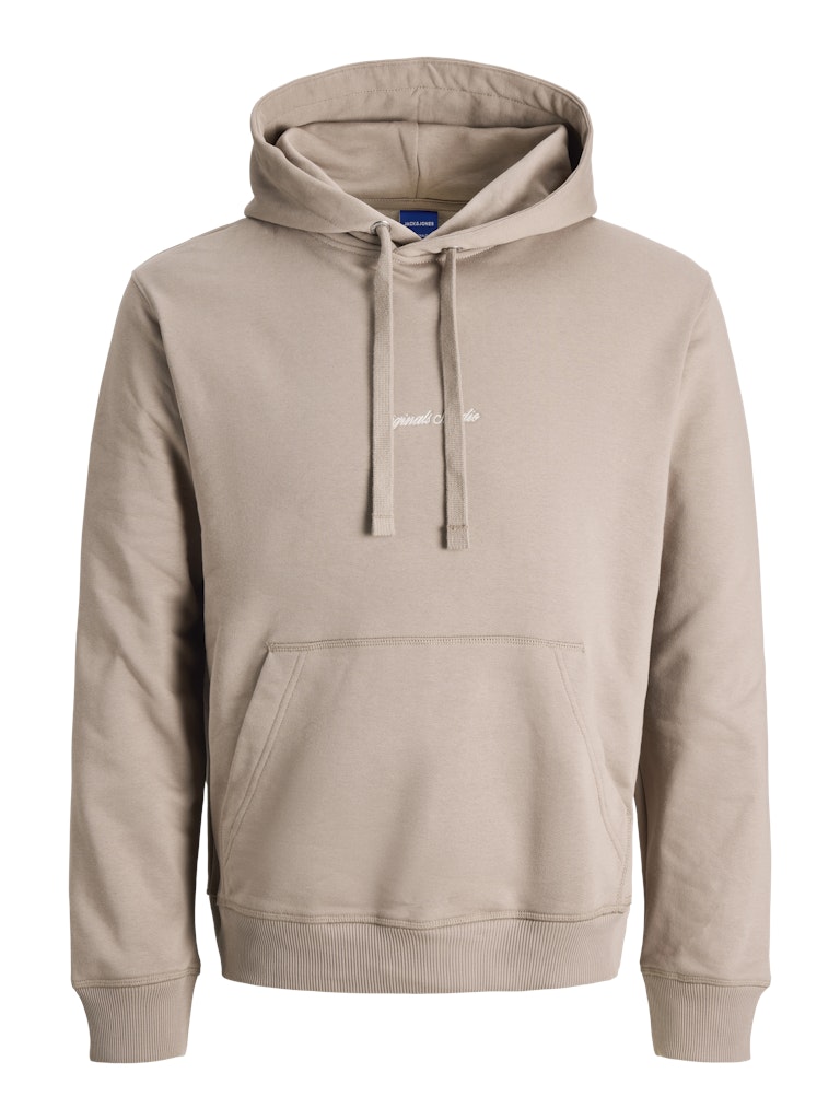 Beige hoodie with a brand logo on a white background