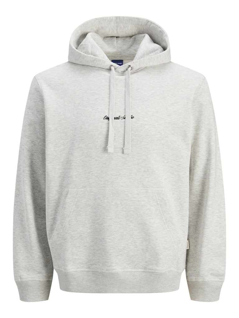 Gray hoodie with a brand logo on a white background