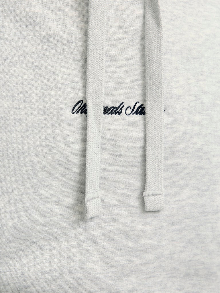 Gray hoodie with text on the hood against a gray background