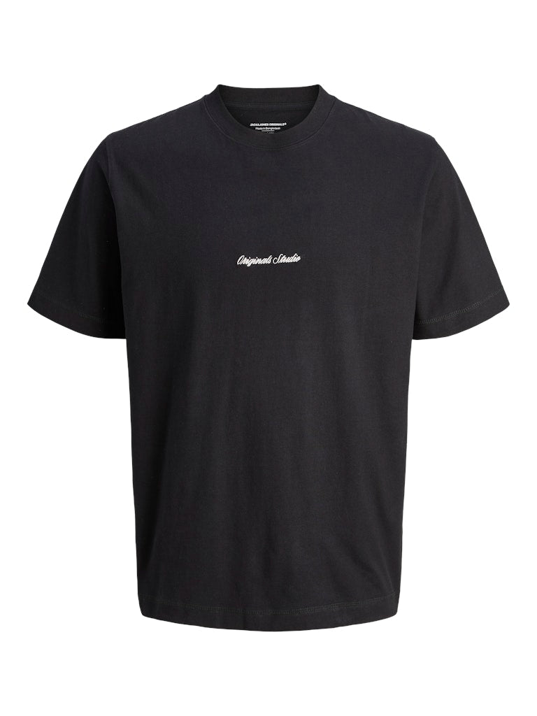 Black t-shirt with a white logo on a white background