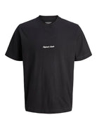 Black t-shirt with a white logo on a white background