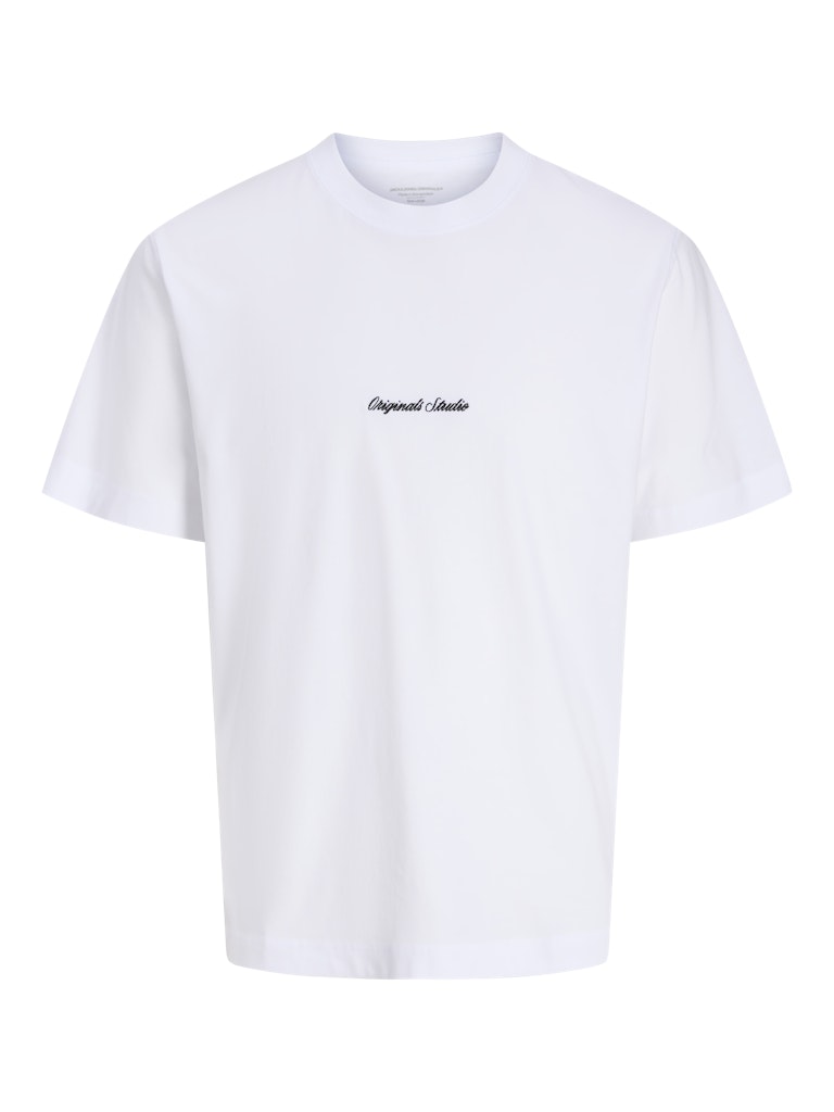 White t-shirt with a small logo on a white background
