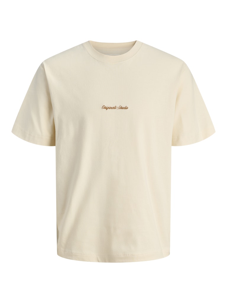 Beige t-shirt with a small logo on a white background