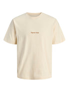 Beige t-shirt with a small logo on a white background