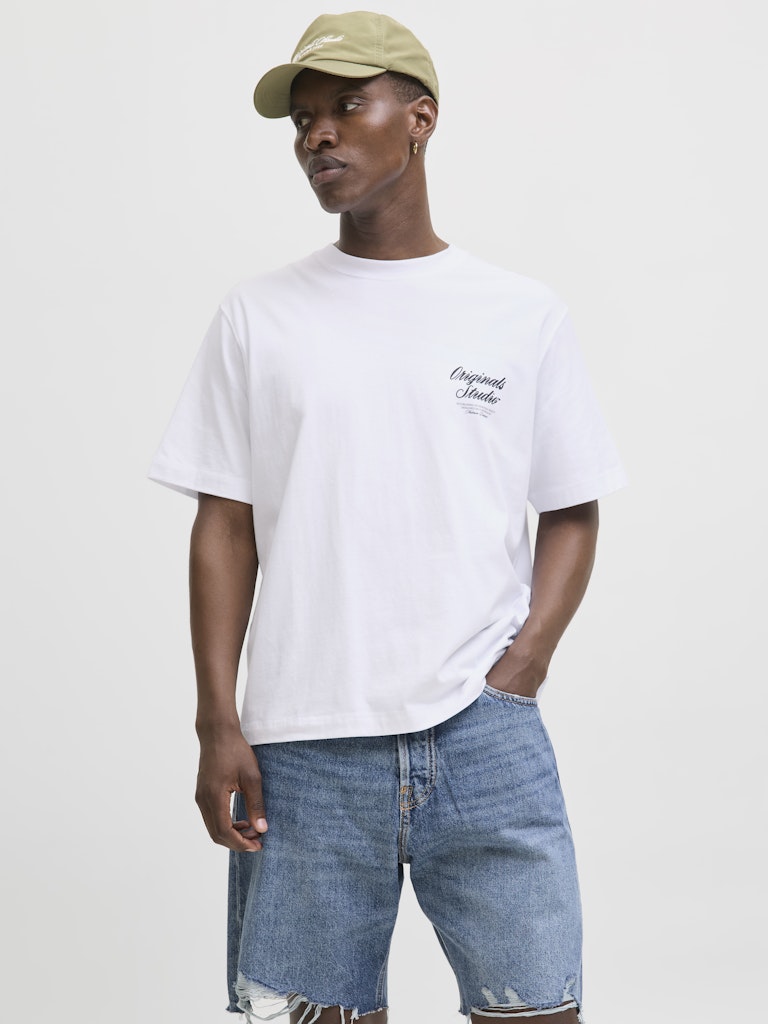JACK JONES ORIGINALS Norrebro Typo Tee Short Sleeve Crew Neck Tee-Bright White Bright White front view