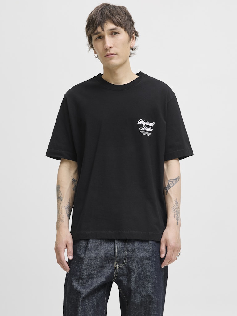 JACK JONES ORIGINALS Norrebro Typo Tee Short Sleeve Crew Neck Tee-Black Black front view