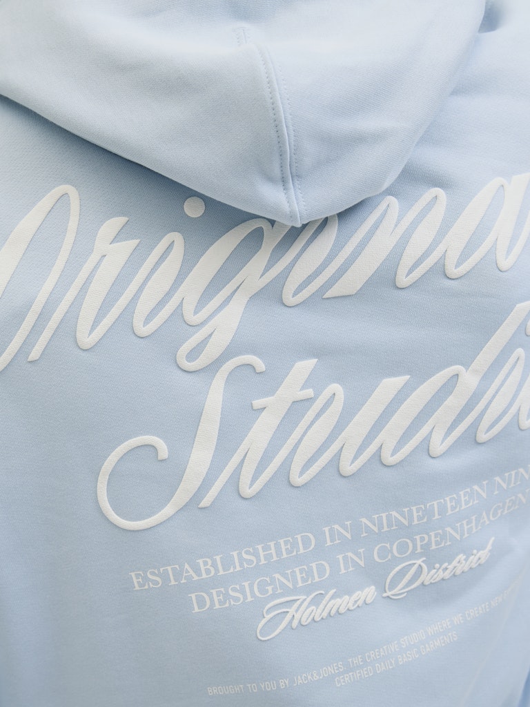 Men's Norrebro Typo Back Sweat Hood-Skyway-Close Up of Back of Hoodie