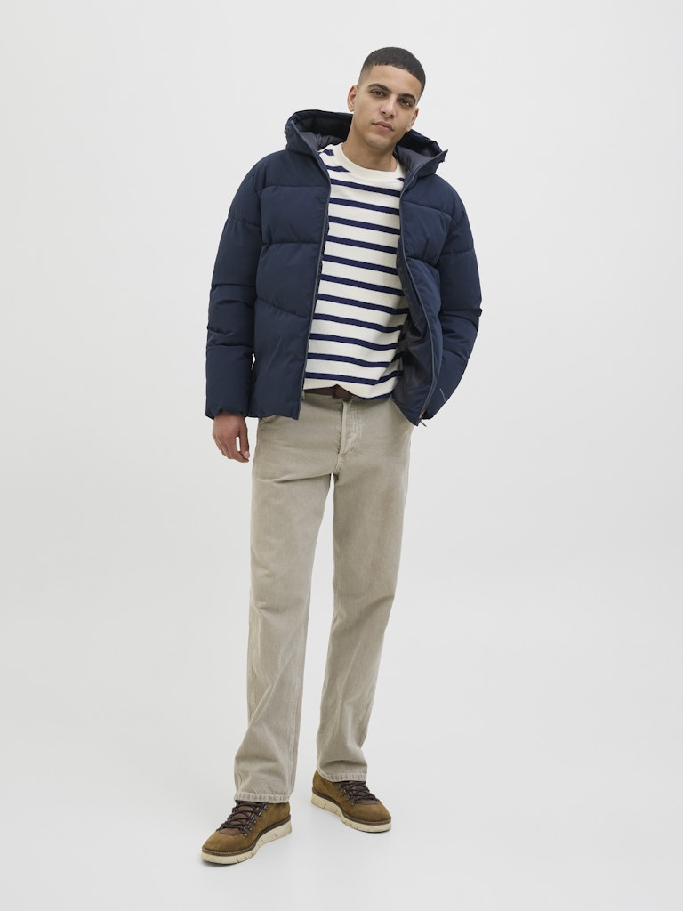 Man wearing a navy puffer jacket, striped shirt, beige pants, and brown shoes on a white background