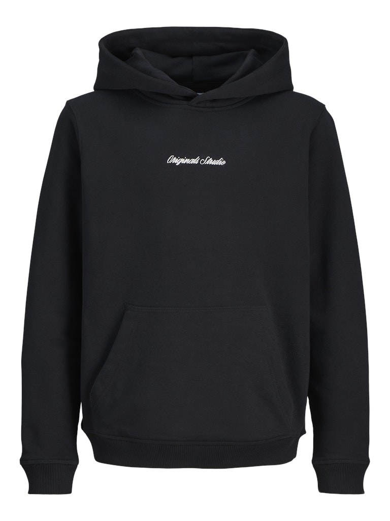 Black hoodie with white text on a white background