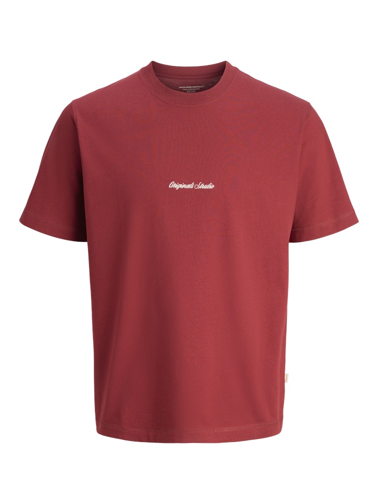 Red t-shirt with white text on a white background