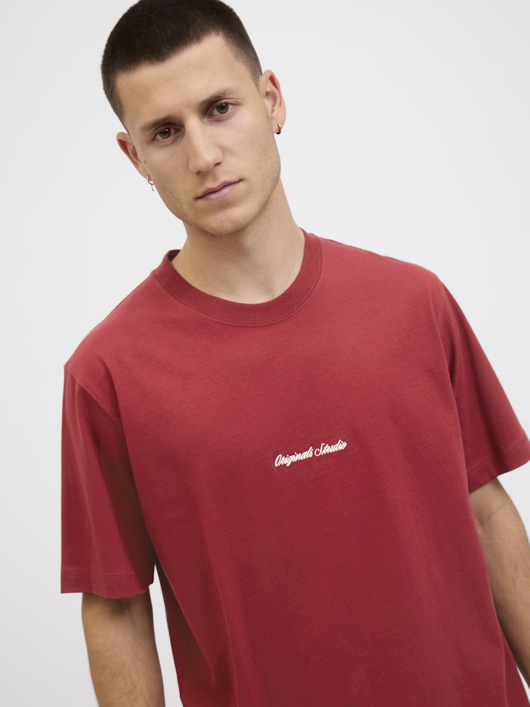 Man wearing a red t-shirt with a logo on a white background