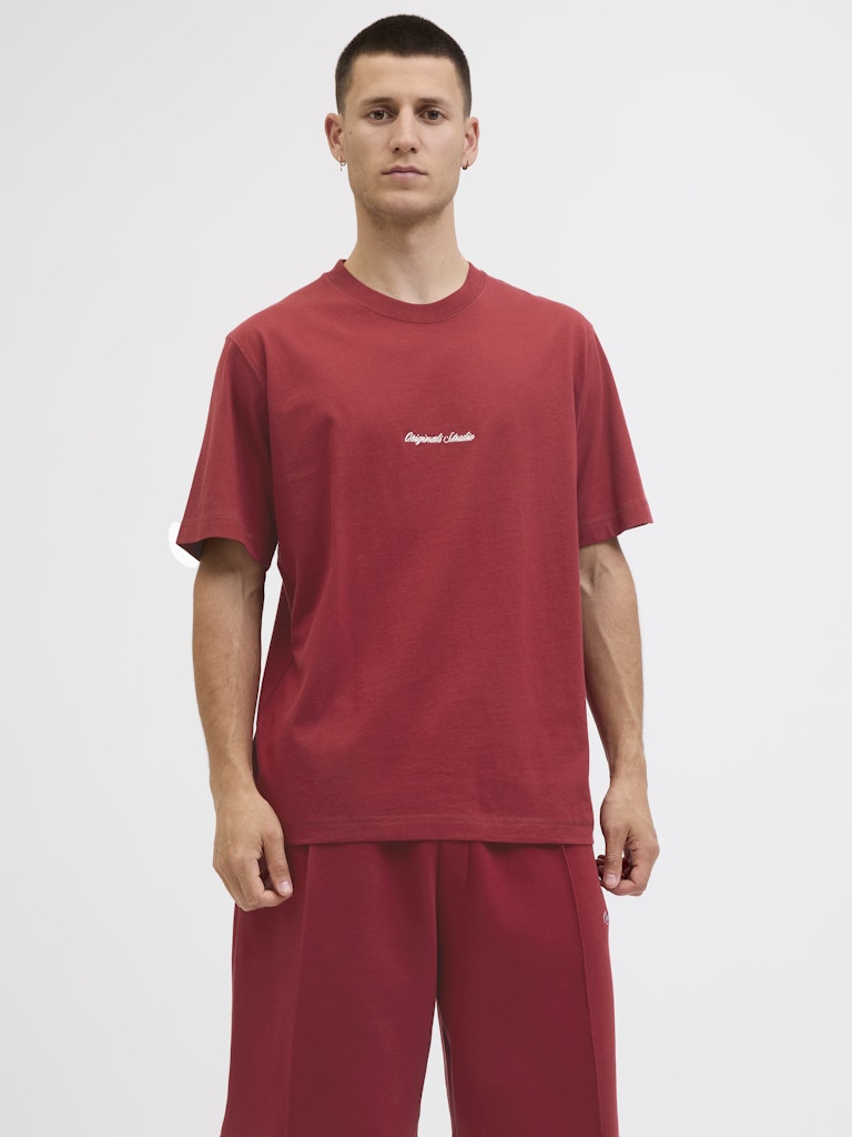Man wearing a red t-shirt and pants with a logo on a white background