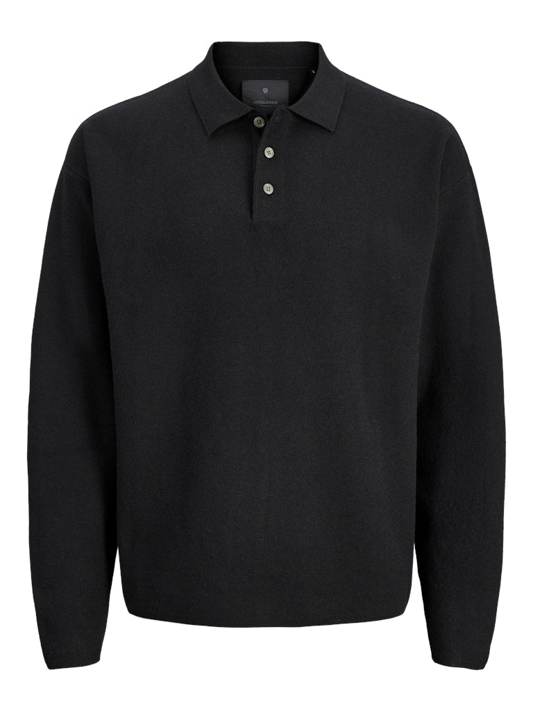 Black long-sleeve polo shirt on a white background