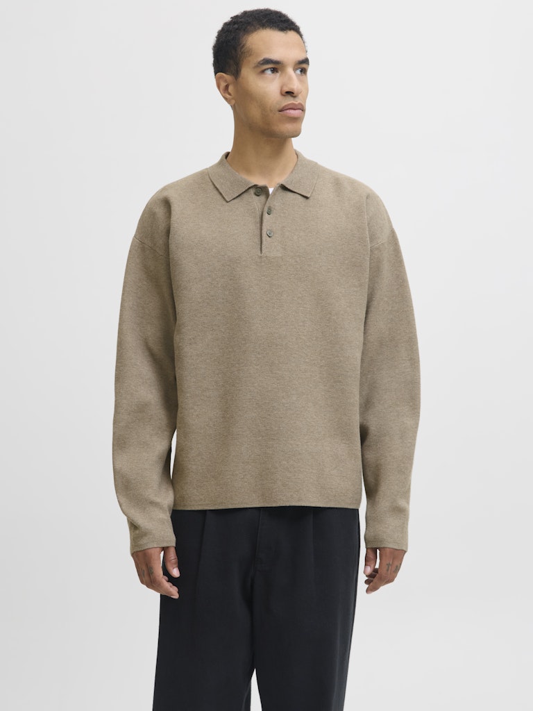 Man wearing a beige sweater over a collared shirt on a white background
