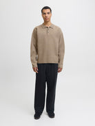 JACK JONES PREMIUM Bradfort Knit Polo-Brindle Brindle back view