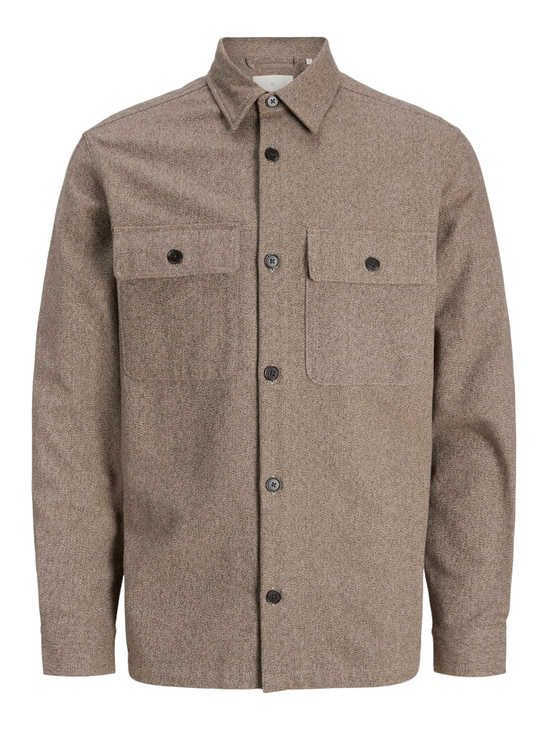Brown button-up shirt with two chest pockets on a white background