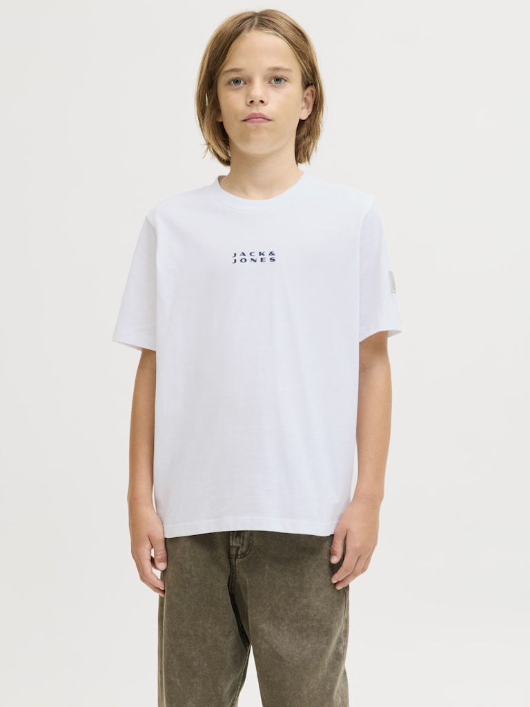 Person wearing a white 'Jack & Jones' t-shirt on a plain background