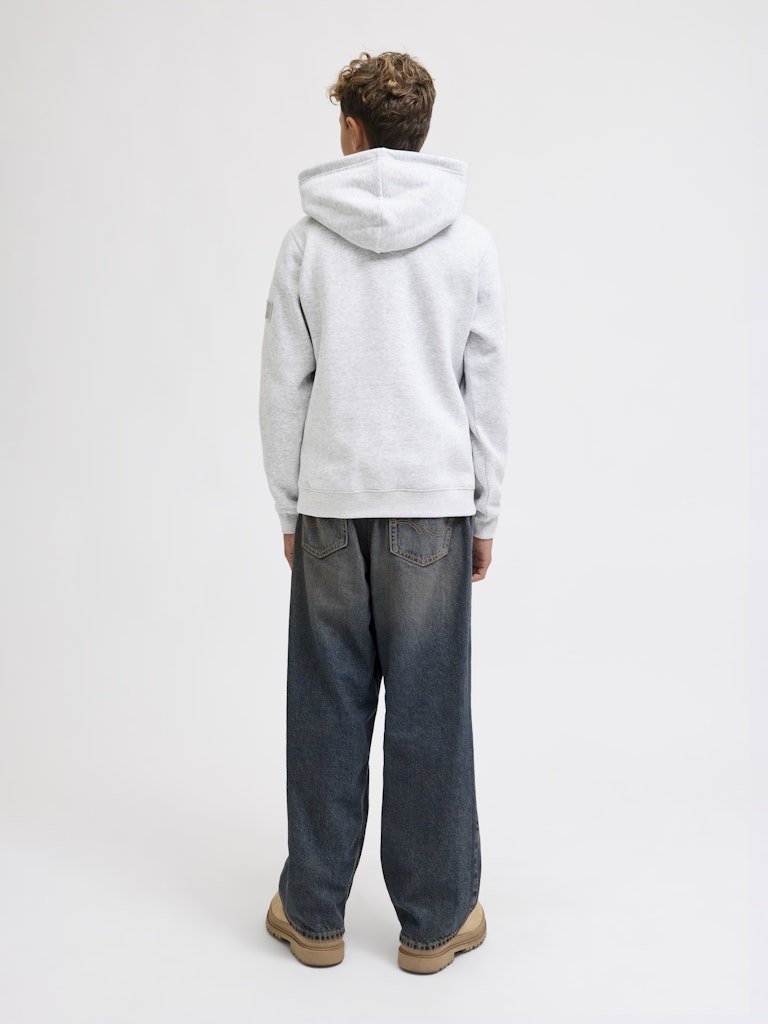 Person wearing a gray hoodie and blue jeans on a white background