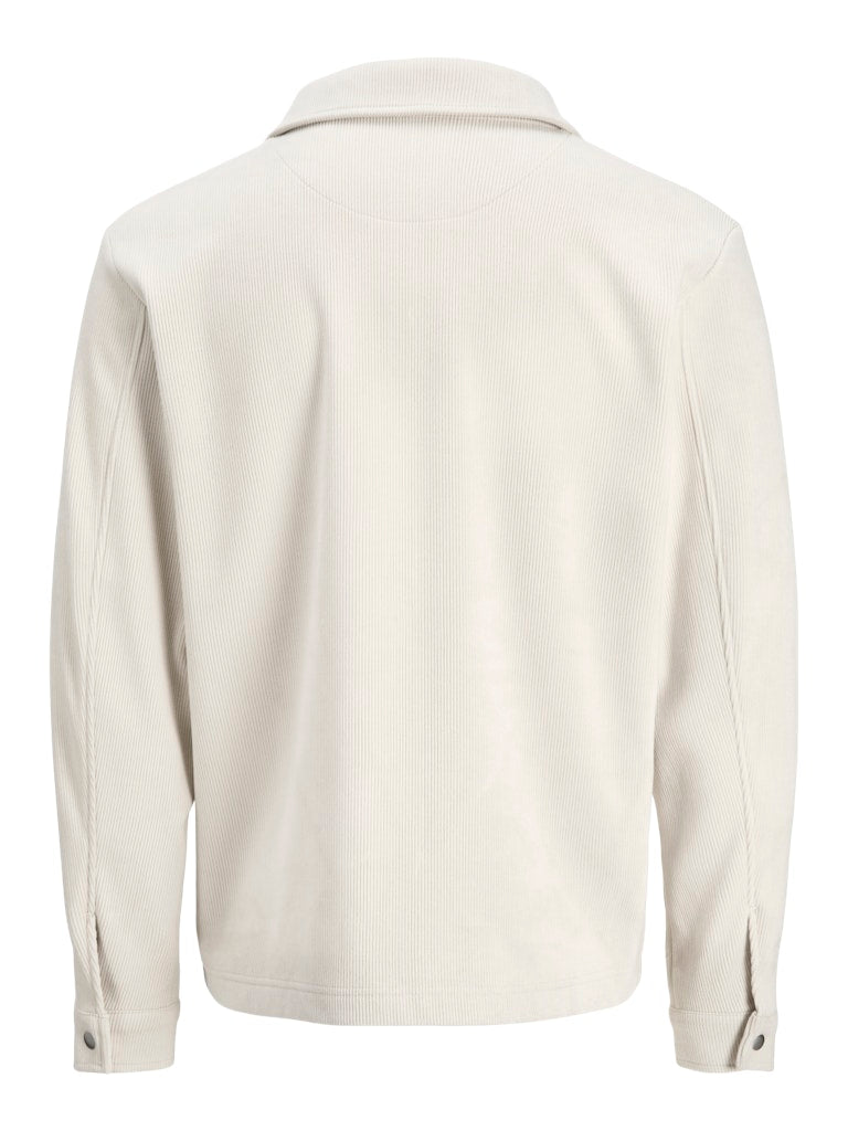 Man wearing a beige cardigan overshirt-Back view